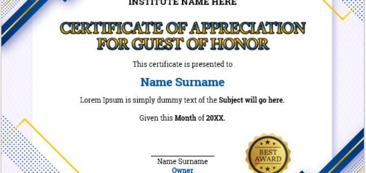 Certificate of appreciation for guest of honor