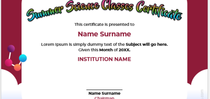 Summer science classes certificate template